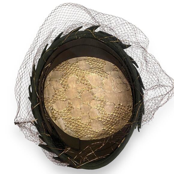 Vintage Wool Pill Box Hat with Veil Sz OS Forest Green Leaf Accents 1950s Twee - Picture 7 of 11
